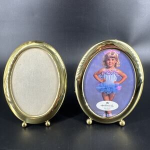 Vintage Solid Brass Oval Picture Frames 3.5x5 Footed Gold MCM Style Lot 2